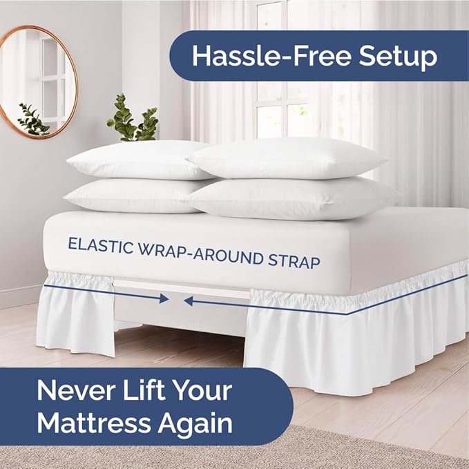 Wrap Around Dust Ruffle Bed Skirt - White - for Twin Size Beds w/ 14 Inch Drop - Easy Fit Elastic Strap - Adjustable Pleated Bedskirt w/Brushed Fabric, Wrinkle & Fade Free Women, Men, Kids & Teens