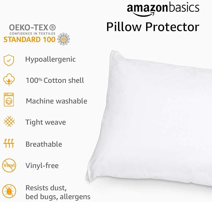 Amazon Basics Body Pillow Pillowcase with Zipper, 100% Cotton Hypoallergenic, Pillow Protector, White (55 x 21 Inches), Pillows Not Included