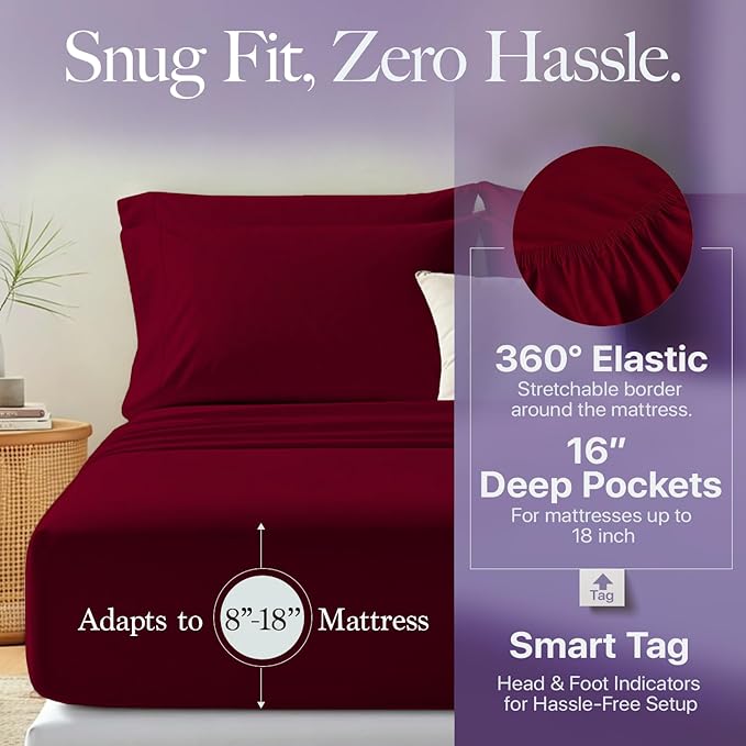 Carressa Linen Split King Sheets Sets for Adjustable Bed - 100% Egyptian Cotton 600 Thread Count 5 PC Top Split King Sheet Set (Burgundy), 16" Deep Pocket Silky Soft Cooling Luxury Hotel Sheets