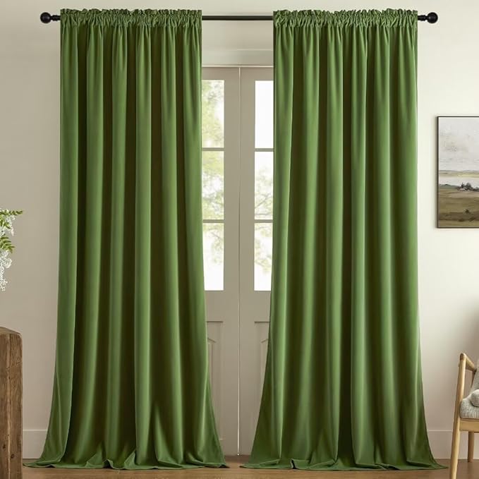 Joydeco Green Velvet Curtains 120 inch 2 Panel, Room Darkening Super Soft Velvet Drapes for Bedroom Living Room Thermal Insulated Window Drapes, Luxury Blackout Rod Pocket Curtains,W52 x L120 inch