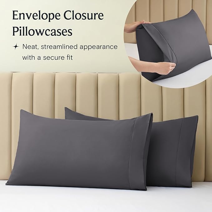 LuxClub 4 PC Queen Sheet Set, Deep Pockets Wrinkle Free Cooling Bed Sheets Hotel Bedding for Women, Men, Includes 1 Fitted Sheet, 1 Flat Sheet and 2 Pillowcases-Dark Grey