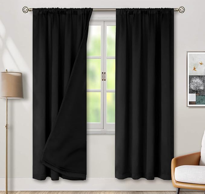 BGment 100% Blackout Curtains for Bedroom with Black Liner, Double Layer Full Room Darkening Thermal Insulated and Noise Reducing Rod Pocket Curtain (42 x 72 Inch, Black, 2 Panels)