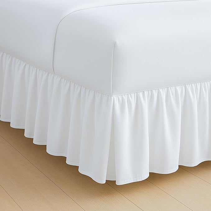 Rajlinen Ruffled Bed Skirt Twin, 14 Inch Drop Dust Ruffle with Split Corners, 100% Microfiber Bedskirt with Platform, Three-Sided Coverage Ruffled Gathering Design, White
