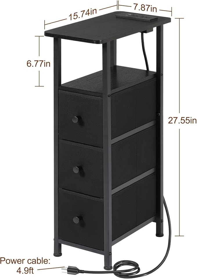 LOAKEKEL Narrow End Table Living Room with Charging Station, Skinny Side Table with Fabric Drawers, Slim Nightstand for Bedroom, Small Spaces, Couch, Black, HETNDP03BK-1