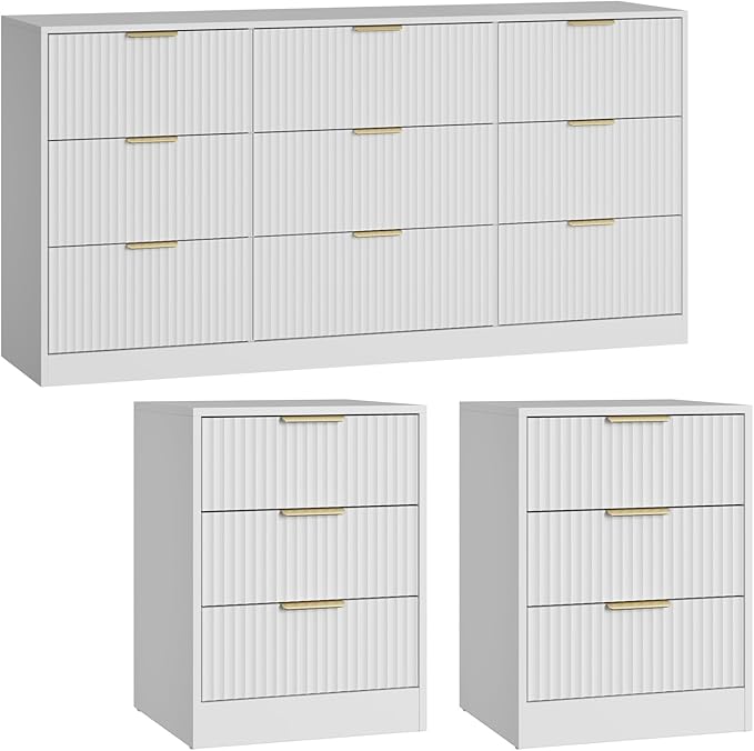 9 Drawer Fluted Dresser & Nightstand Set 3-Piece, 63” Long Dresser and Night Stand Set of 2, Fluted Modern Wood Chest of Drawers Storage Dressers Set for Bedroom, White