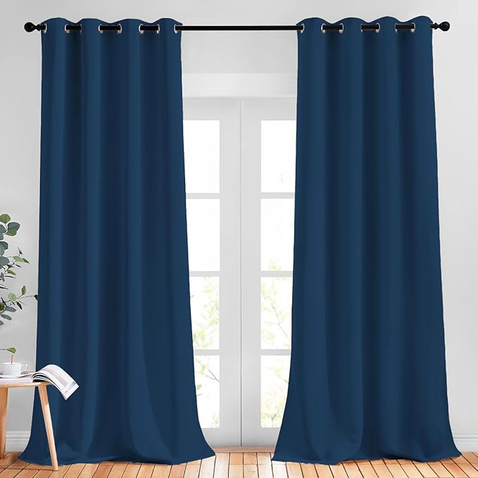 NICETOWN Room Darkening Curtains for Living Room, Grommet Window Treatment Thermal Insulated Solid Sound Reducing Drapes for Bedroom, Moroccan Blue, Set of 2, W52 x L102