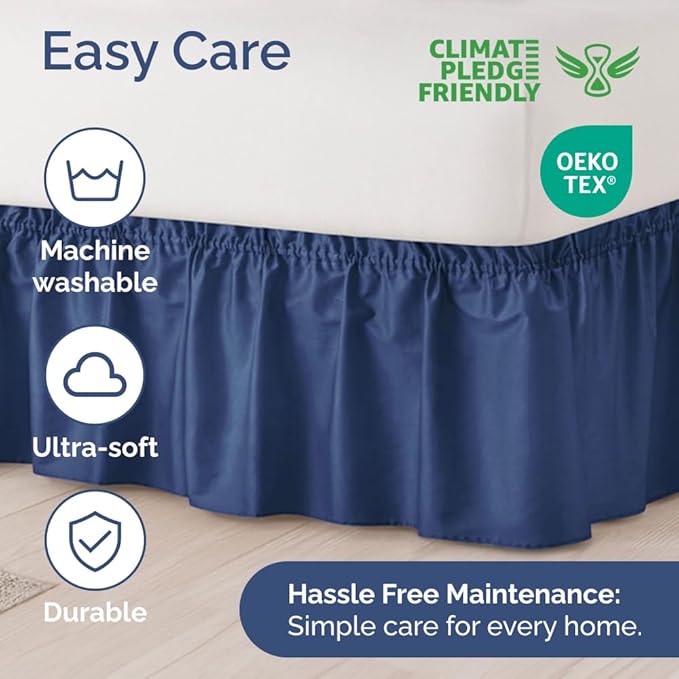 Wrap Around Dust Ruffle Bed Skirt - Navy Blue - for King Size Beds w/ 14 Inch Drop - Easy Fit Elastic Strap - Adjustable Pleated Bedskirt with Brushed Fabric, Wrinkle Free Women, Men, Kids and Teens