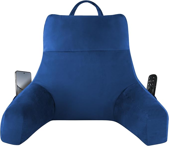 IPYNBAP Reading Pillow with Arms for Adults, Back Pillow for Bed Sitting Up, Shredded Memory Foam Backrest Pillow with Pockets & Removable Washable Cover, Lounging, Watching TV, Reading(20inch Navy)