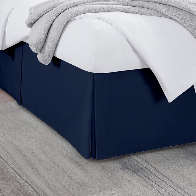 Twin Bed Skirt, Luxury 12 Inch Drop Navy Blue Pleated Bed Skirt, Double Brushed Microfiber, Box Pleat Design, Wrinkle & Fade Resistant, Easy Fit Tailored Bedskirt for Twin Size Beds