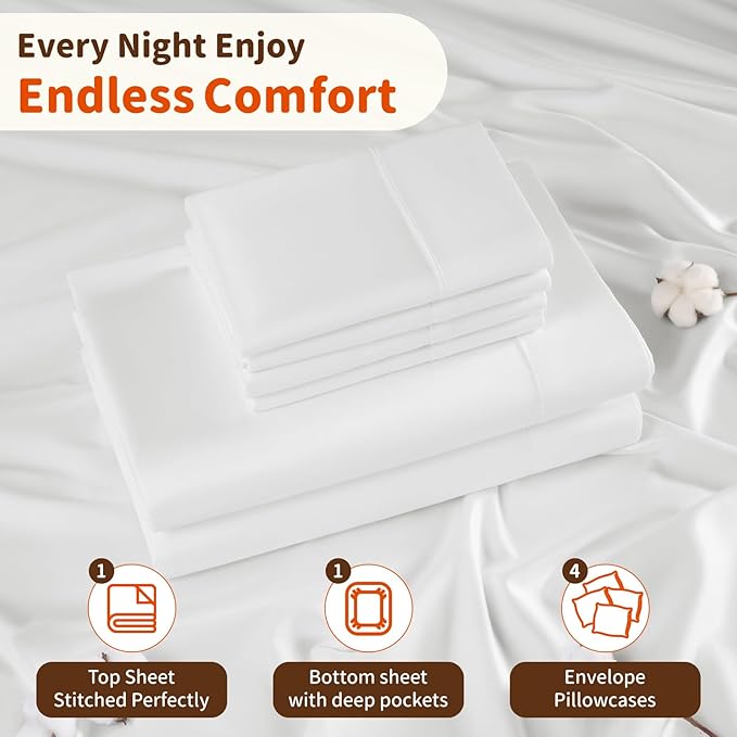 LBRO2M 1000 Thread Count 100% Egyptian Cotton Sheets Set 6 Piece Sets Full Size Bed Sheet Deep Pocket Sheet Set 16" Soft Comfortable All Season (Full, White)