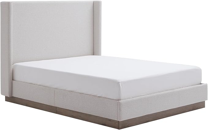 Queen Size Upholstered Bed Frame, 53" Tall Headboard Hosford Wingback Bed Frames, Wood Base Floor Platform Beds, No Box Spring Needed No Noise, Rusticity Minimalist, Cream White Boucle