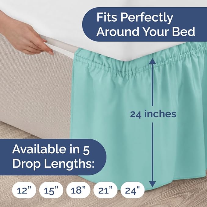 Wrap Around Dust Ruffle Bed Skirt - Spa Blue - for King Size Beds with 24 Inch Drop - Easy Fit Elastic Strap - Adjustable Pleated Bedskirt w/Brushed Fabric Wrinkle Free - for Women, Men, Kids & Teens