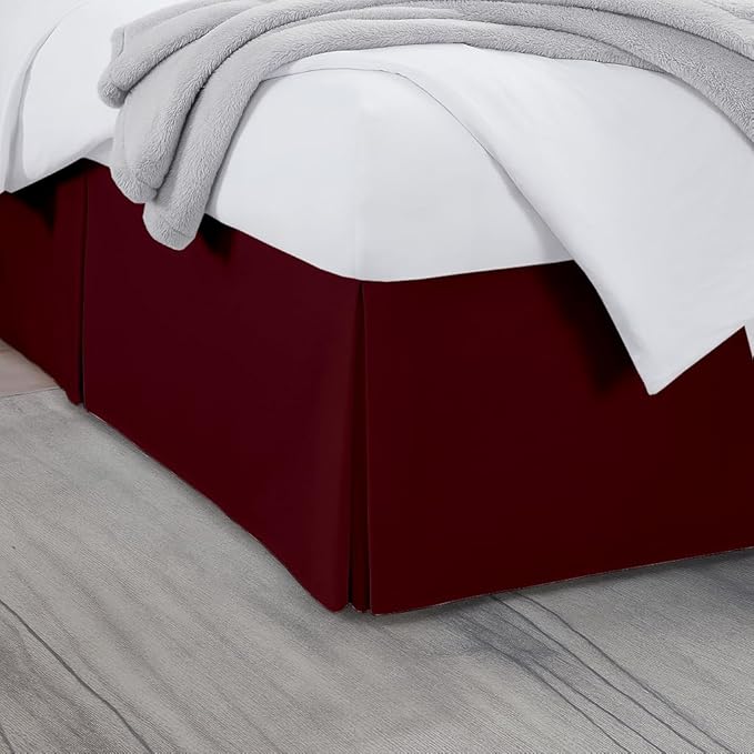 King Bed Skirt, Luxury 18 Inch Drop Burgundy Pleated Bed Skirt, Double Brushed Microfiber, Box Pleat Design, Wrinkle & Fade Resistant, Easy Fit Tailored Bedskirt for King Size Beds