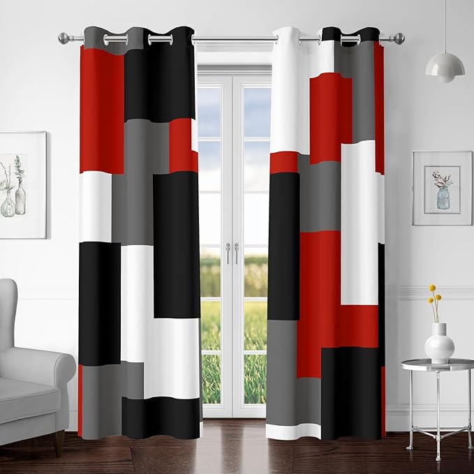 Red Black 100% Blackout Curtains for Bedroom 72 inch Length 2 Panels Set White Grey Modern Abstract Geometric Black Out Curtains Insulated Room Darkening Window Drapes for Living Room, 42Wx72L