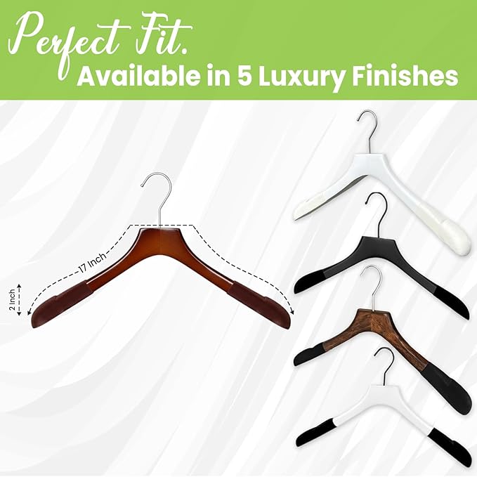 Premium Luxe Wooden Hangers for Women, Wide Shoulder Design for Dresses, Skirts, Sweaters & Blouses, Heavy Duty with Velvet Grip, High Gloss Brown with Brown Velvet, 30 pcs