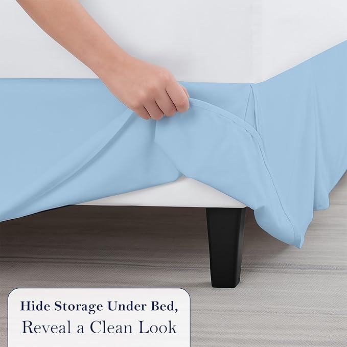 King Bed Skirt, Luxury 12 Inch Drop Light Blue Pleated Bed Skirt, Double Brushed Microfiber, Box Pleat Design, Wrinkle & Fade Resistant, Easy Fit Tailored Bedskirt for King Size Beds