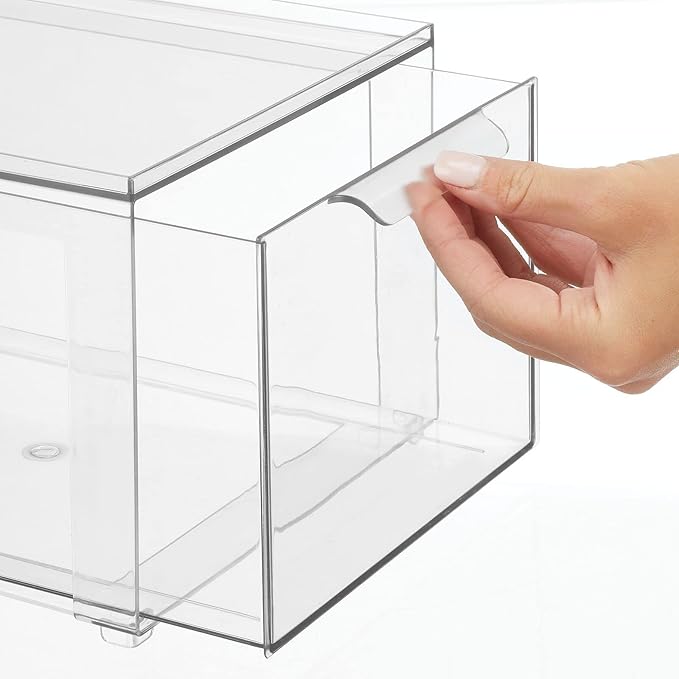 mDesign Plastic Stackable Closet Storage Organizer Bins with Pull Out Drawer for Cabinet, Desk, Shelf, Cupboard, or Dresser Organization - Lumiere Collection - 4 Pack - Clear