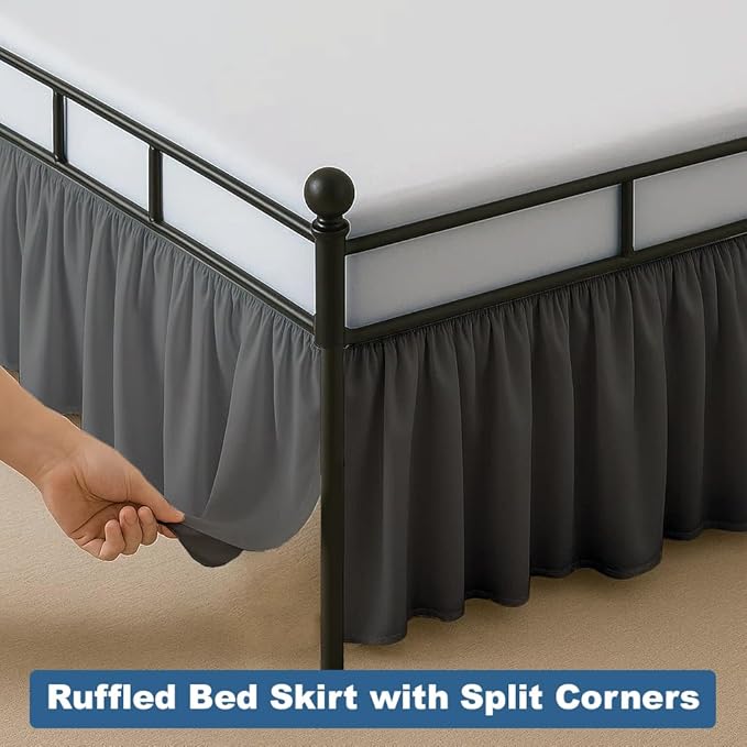 Ruffled Bed Skirt Split Corners with Platform, Tailored Fit Hotel Quality Wrinkle Free Ultra-Soft Microfiber Dust Ruffle, Upto 12 Inch Drop, Queen, Dark Grey
