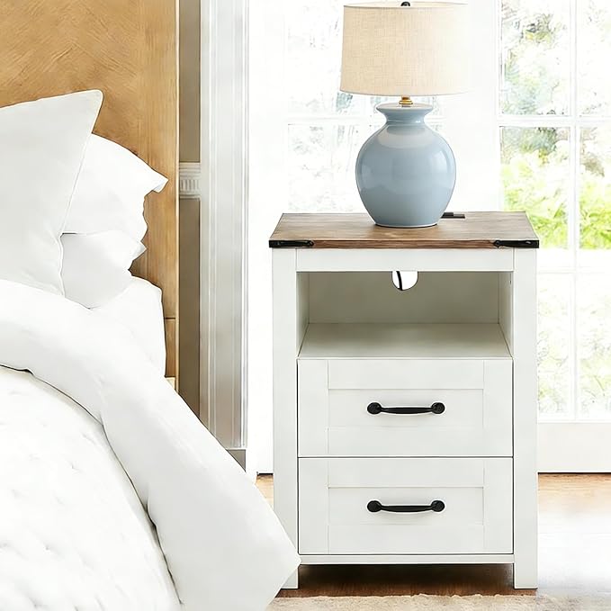 Puntogen White Night Stand, Rustic End Table with Charging Station, Farmhouse Tall Nightstand for Bedroom, Drawer Dresser Bedside Table with Open Storage Shelf