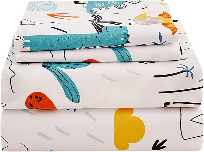JSD Kids Dinosaur Sheet Set Twin Size, 3 Piece Soft Printed Microfiber Bed Sheets for Boys Girls Deep Pocket