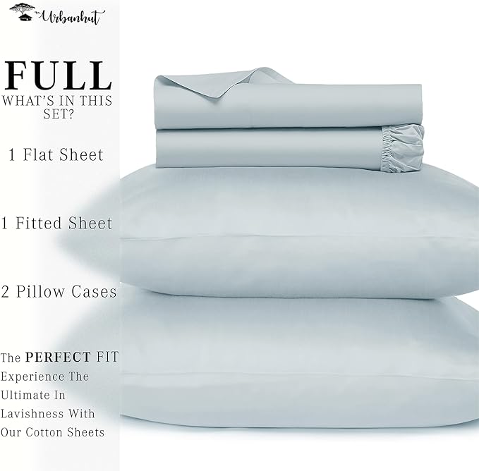 URBANHUT 800 Thread Count 100% Cotton Full Size Sheets, Luxury 4 Piece Full Bedsheets, Hotel Sheets Sateen Finish - Better Than Egyptian, 16" Elasticized Deep Pocket - Light Blue