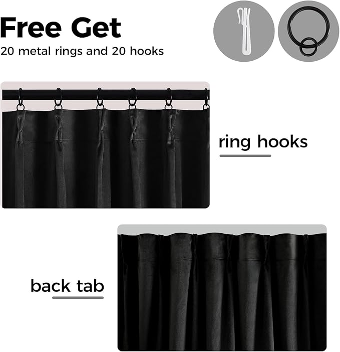 Pinch Pleated 100% Blackout Curtains for Bedroom, Black Velvet Curtains for Living Room, Black Out Curtain 90 inch Long Room Darkening, Blackout Pinch Pleat Drapes with Hooks 2 Panels