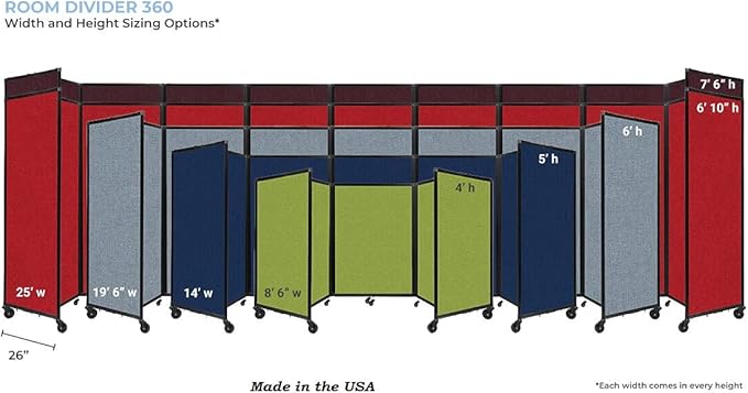 Versare Room Divider 360 Portable Wall Partition | Folding Panels | Large Freestanding Divider | Locking Wheels | Temporary Room Separator | 25' x 7'6'', Ocean