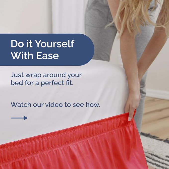 Wrap Around Dust Ruffle Bed Skirt - Red - for Queen Size Beds with 12 Inch Drop - Easy Fit Elastic Strap - Adjustable Pleated Bedskirt w/Brushed Fabric - Wrinkle Free - for Women, Men, Kids & Teens