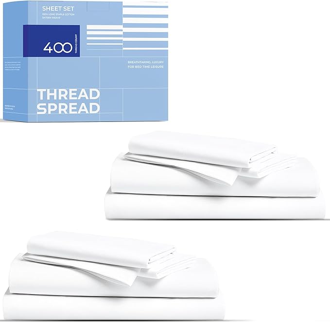 THREAD SPREAD 2-Pack King Size Sheets Set - 400 Thread Count 100% Cotton Sateen Weave - Extra Soft, Breathable, Hotel Quality Cooling Sheets, 2 Sets of King Size Deep Pocket Bed Sheets (White)