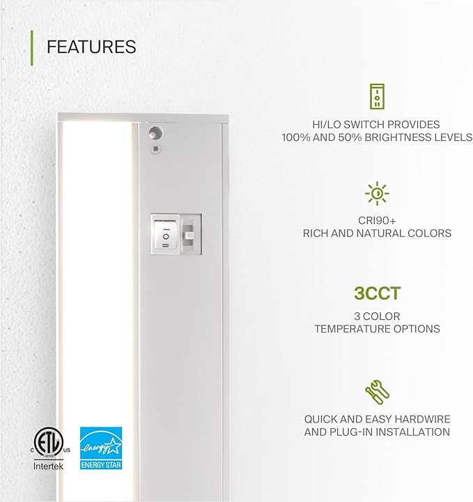 ASD 12 Inch LED Under Cabinet Lighting Plug in or Hardwired, High/Low/Off Switch, 5W 120V 3 CCT 2700K/3000K/4000K CRI90+, Triac Dimmable Linkable Under Counter Lights for Kitchen, ETL Listed, White