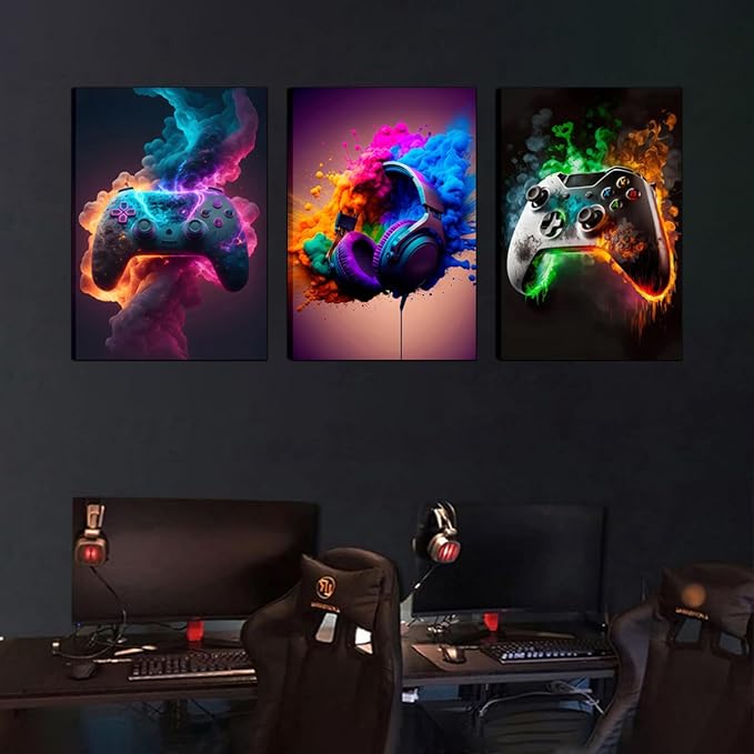 Gaming Room Decor Canvas Wall Art Set of 3 - Cool Video Gaming Theme Wall Decor, Gamer Paintings Picture Print for Teen Boys Room 16x24 inch Framed