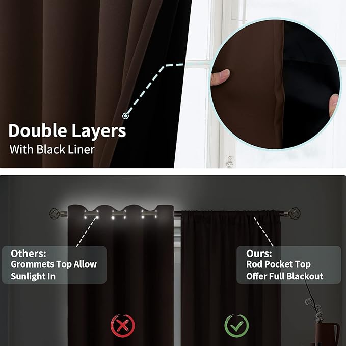 BGment Thermal Insulated 100% Blackout Curtains for Bedroom with Black Liner, Double Layer Full Room Darkening Noise Reducing Rod Pocket Curtain (52 x 54 Inch, Brown, 2 Panels)