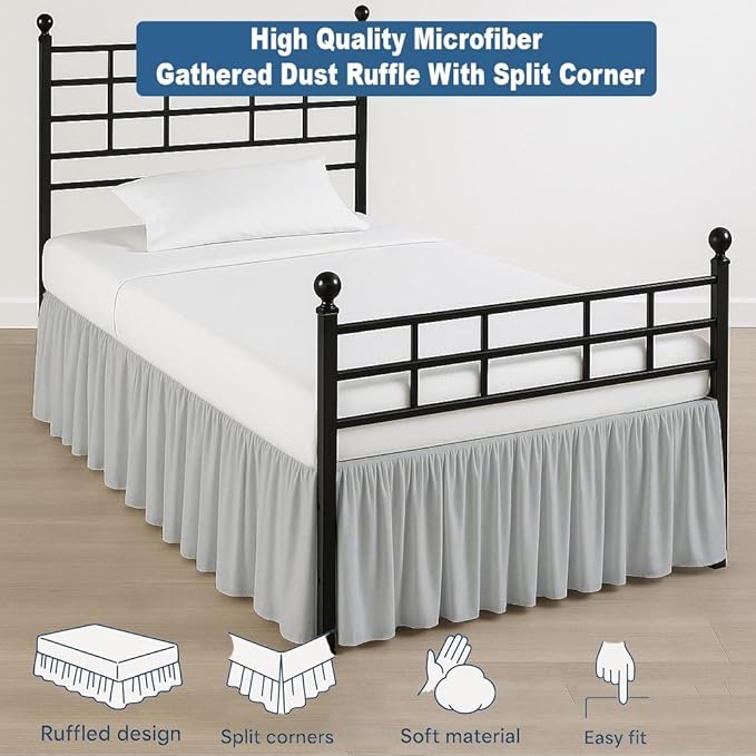 Ruffled Bed Skirt Split Corners with Platform, Tailored Fit Hotel Quality Wrinkle Free Ultra-Soft Microfiber Dust Ruffle, Upto 16 Inch Drop, King, Light Grey