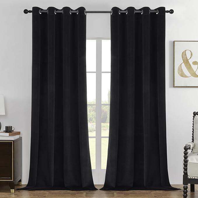 Joydeco Black 100% Blackout Curtains 72 Inch 2 Panels, Luxury Thermal Insulated Black Velvet Curtains for Bedroom Living Room, Soundproof Blackout Window Drapes, Grommet Top (52W x 72L)