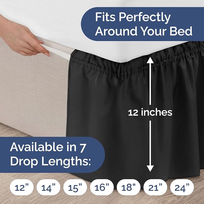 Wrap Around Dust Ruffle Bed Skirt - Black - for Full Size Beds with 12 Inch Drop - Easy Fit Elastic Strap - Adjustable Pleated Bedskirt w/Brushed Fabric - Wrinkle Free - for Women, Men, Kids & Teens