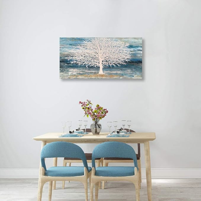 RICHSPACE ARTS Modern Tree Canvas Wall Art Teal Blue and White Pictures Large Abstract Decor Framed Landscape Oil Painting Artwork with 3d Texture and Gold Foil for Living Room Bedroom(20W*40L