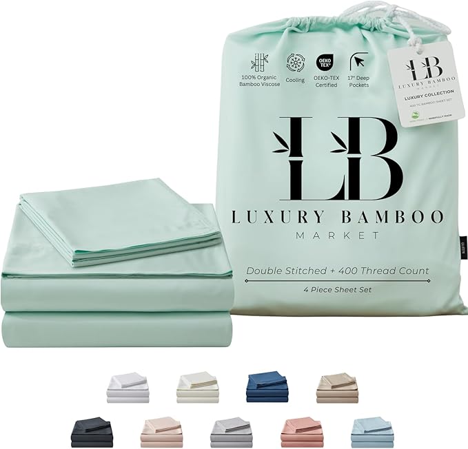 Luxury Bamboo Market | Queen Size Bed Sheet Set | 100% Viscose Made from Bamboo | Organically Grown | Ultra Soft | Cooling Sheets for Hot Sleepers | 17" Deep Pocket [Coastal Green]