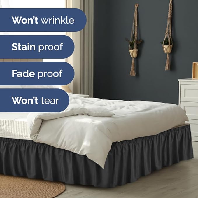 Wrap Around Dust Ruffle Bed Skirt - Black - for Queen Size Beds w/ 14 Inch Drop - Easy Fit Elastic Strap - Adjustable Pleated Bedskirt w/Brushed Fabric, Wrinkle & Fade Free Women, Men, Kids & Teens