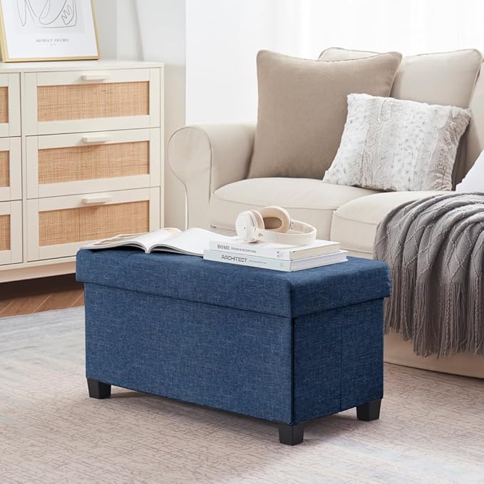 Ornavo Home 30 Inch Storage Ottoman, Large Storage Bench, Ottoman with Storage with Legs, Foot Rest Stool, Bedroom Bench - Navy Blue
