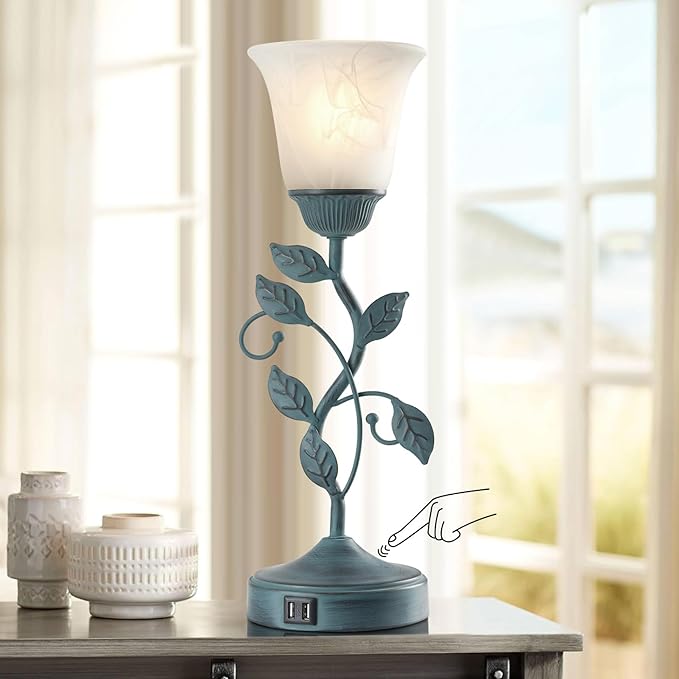 RORIANO Vintage Touch Table Lamp for Living Room, 3-Way Dimmable Nightstand Lamp with 2 USB Ports, Farmhouse Rustic White Glass Shade Leaf Desk Lamp for Bedroom End Table, LED Bulb Included