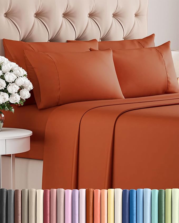 King 6 Piece Sheet Set - Cooling, Comfy & Breathable - Hotel Luxury Bedding, Includes Fitted Sheet for Women, Men, Kids & Teens - 1 Flat, 1 Fitted Sheet, 4 Pillowcases with Deep Pockets - Terracotta