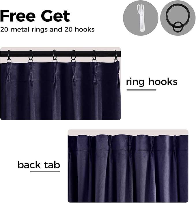 Pinch Pleated 100% Blackout Curtains for Bedroom, Navy Blue Velvet Curtains for Living Room, Black Out Curtain 86 inch Long Room Darkening, Blackout Pinch Pleat Drapes with Hooks 2 Panels
