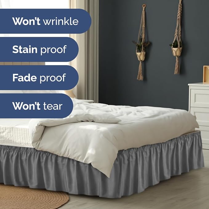 Wrap Around Dust Ruffle Bed Skirt - Dark Grey - for Twin Size Beds w/ 16 Inch Drop - Easy Fit Elastic Strap - Adjustable Pleated Bedskirt with Brushed Fabric, Wrinkle Free Women, Men, Kids and Teens
