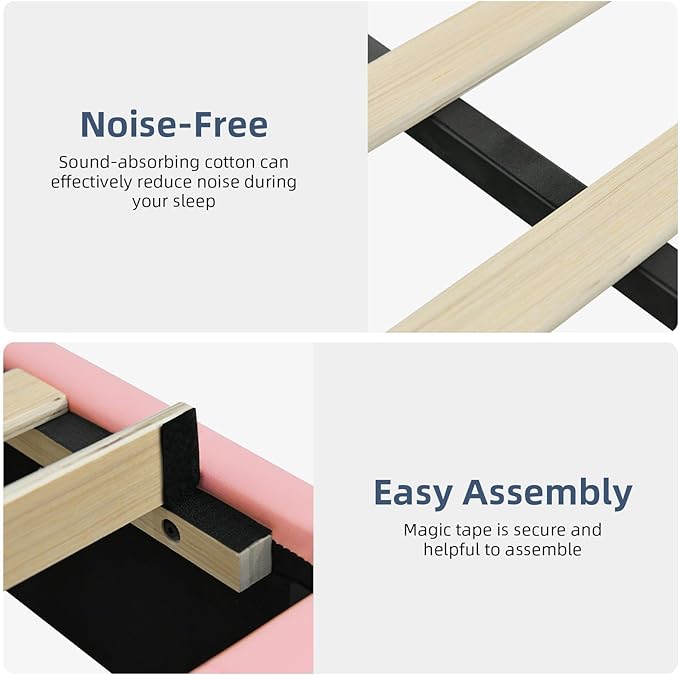 Pink Queen Bed Frame with Headboard and LED Lights, Modern Upholstered Faux Leather Platform Bed with Wooden Slats Support, No Box Spring Needed, Easy Assembly, Pink