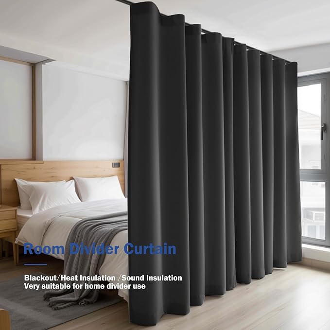 Room Divider Blackout Curtain Track Curtains Wall Dividers Panels Screen for Living Rooms Bedroom Office Privacy Partition Separation, W180 × L96 Inch,1 Panel, Black