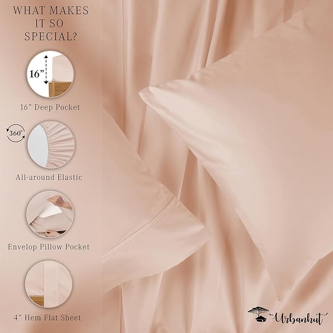 URBANHUT 800 Thread Count 100% Cotton Full Size Sheets, Luxury 4 Piece Full Bedsheets, Hotel Sheets Sateen Finish - Better Than Egyptian, 16" Elasticized Deep Pocket - Blush Pink