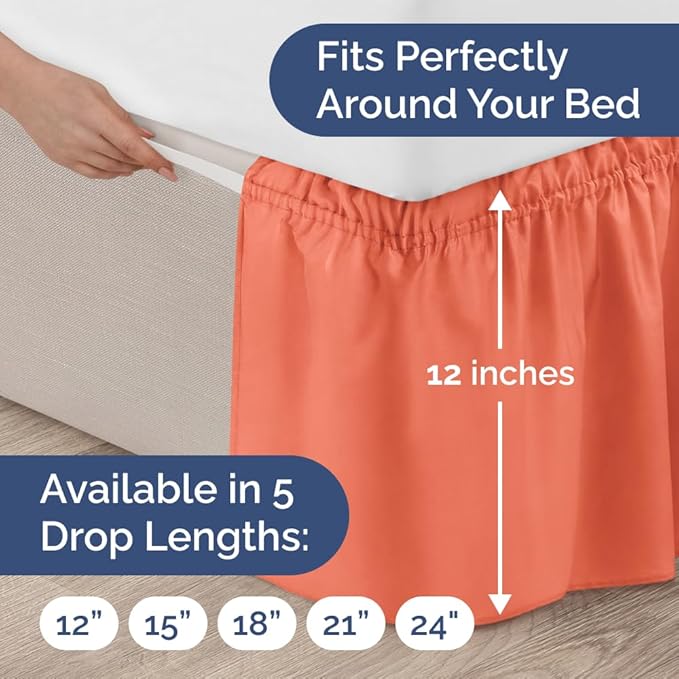 Wrap Around Dust Ruffle Bed Skirt - Coral - Twin/Twin XL Size Beds with 12 Inch Drop - Easy Fit Elastic Strap - Adjustable Pleated Bedskirt w/Brushed Fabric - Wrinkle Free - Women, Men, Kids & Teens