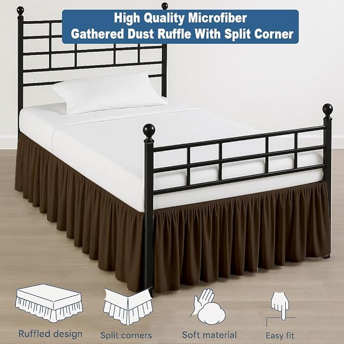 Ruffled Bed Skirt Split Corners with Platform, Tailored Fit Hotel Quality Wrinkle Free Ultra-Soft Microfiber Dust Ruffle, Upto 18 Inch Drop, Full XL, Chocolate