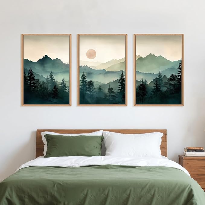 LHIUEM Large Boho Mountain Framed Wall Art Set,Green Foggy Forest Wall Painting,Abstract Nature Sunrise Artwork,Watercolor Pine Tree Wall Decor for Living Room,Bedroom,Office-24''x36''x3
