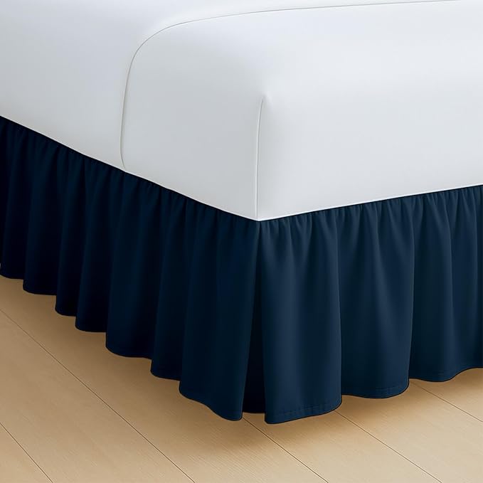 Rajlinen Ruffled Bed Skirt Twin XL, 18 Inch Drop Dust Ruffle with Split Corners, 100% Microfiber Bedskirt with Platform, Three-Sided Coverage Ruffled Gathering Design, Navy Blue